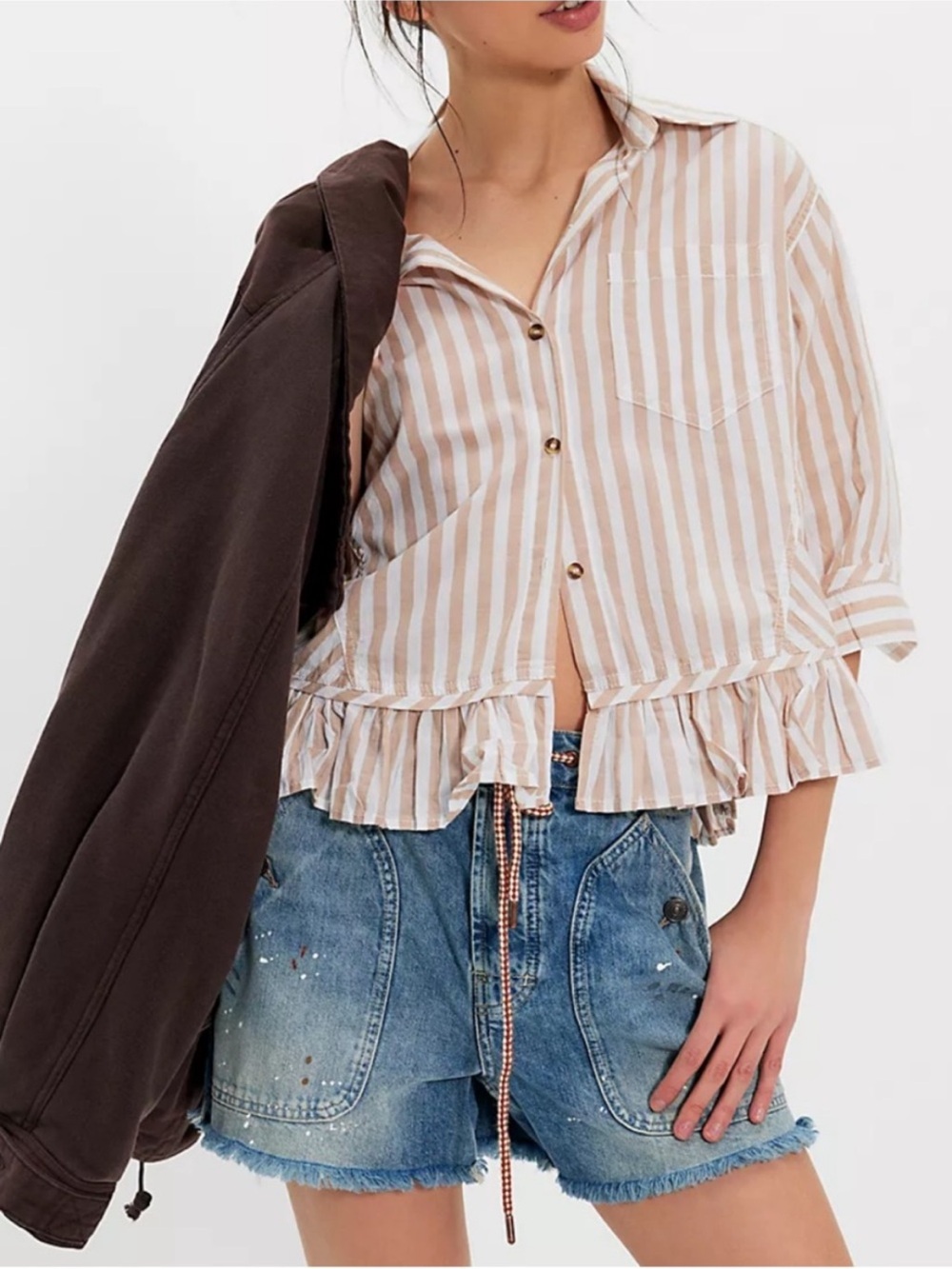 FREE PEOPLE Women’s Size S Striped Bailey Ruffle Hem Button-Up Cropped Shirt - Picture 15 of 16
